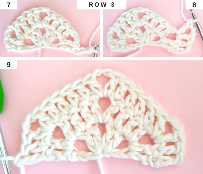 How to Crochet a Half Hexagon - Pointed Side - Row 3 - Raffamusa Designs