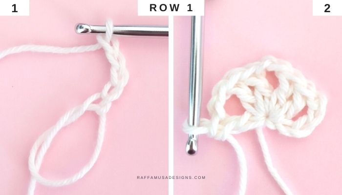 How to Crochet a Half Hexagon - Pointed Side - Row 1 - Raffamusa Designs