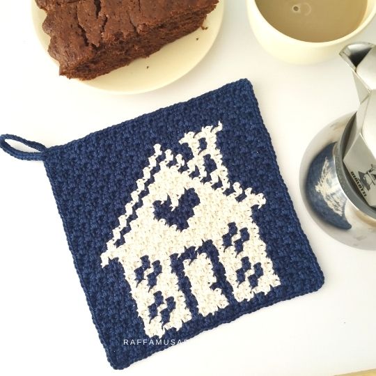 Mini-C2C Crochet Home Sweet Home Potholder - Free Pattern - Raffamusa Designs