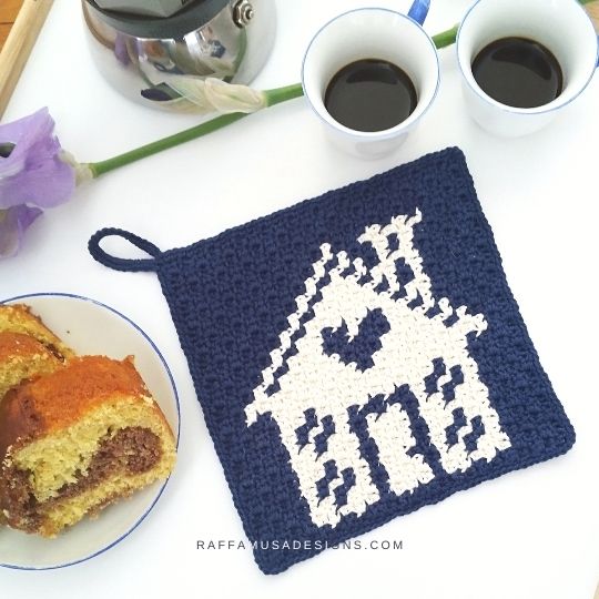 Mini-C2C Crochet Home Sweet Home Potholder - Free Pattern - Raffamusa Designs