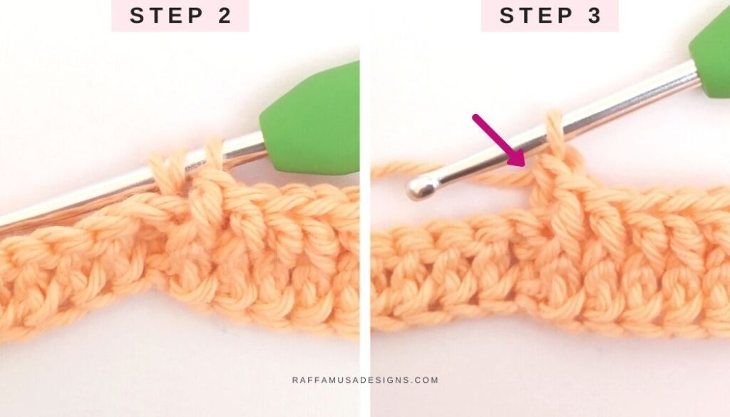 How to crochet a Back Post dc - Steps 2 and 3 - Raffamusa Designs