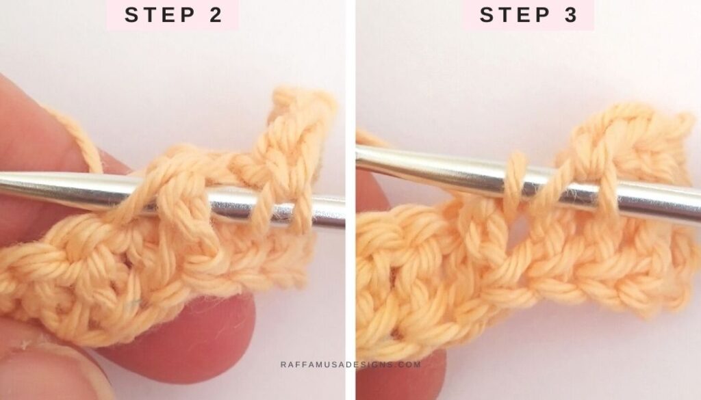 How to crochet a Front Post dc - Steps 2 and 3 - Raffamusa Designs