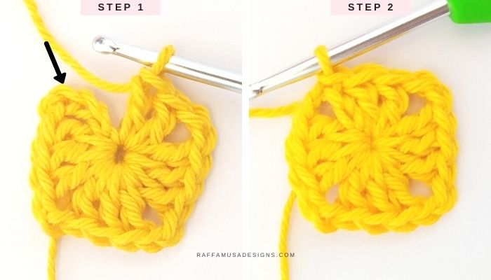How to crochet a granny square - Free Tutorial - Round 1 - Raffamusa Designs