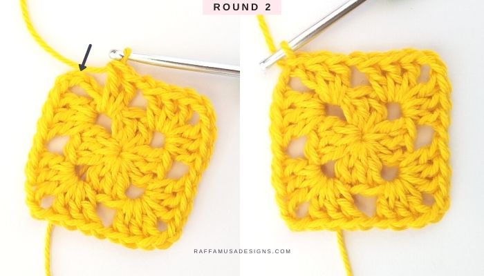 How to crochet a granny square - Free Tutorial - Round 2 - Raffamusa Designs