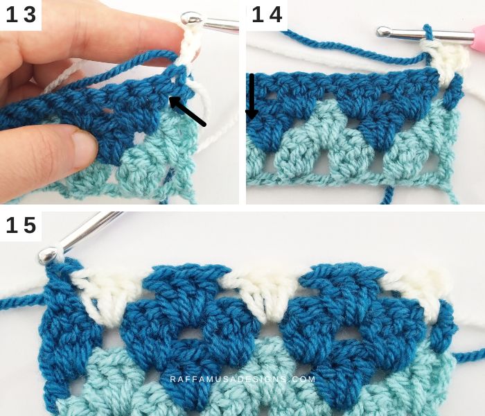Crochet Granny Diamond Stitch Tutorial - 13-15 - Raffamusa Designs