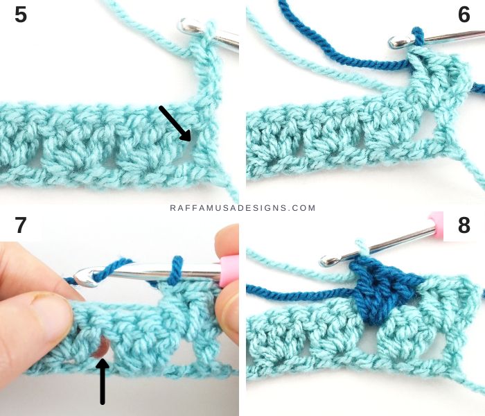 Crochet Granny Diamond Stitch Tutorial - 5-8 - Raffamusa Designs