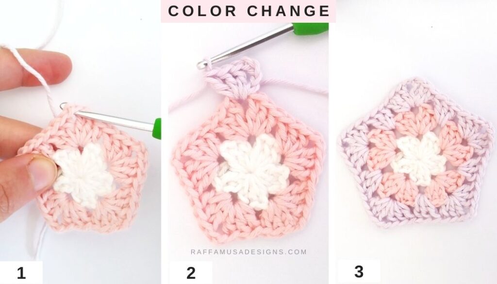 How to Crochet a Multicolor Granny Pentagon - Color Change - Raffamusa Designs