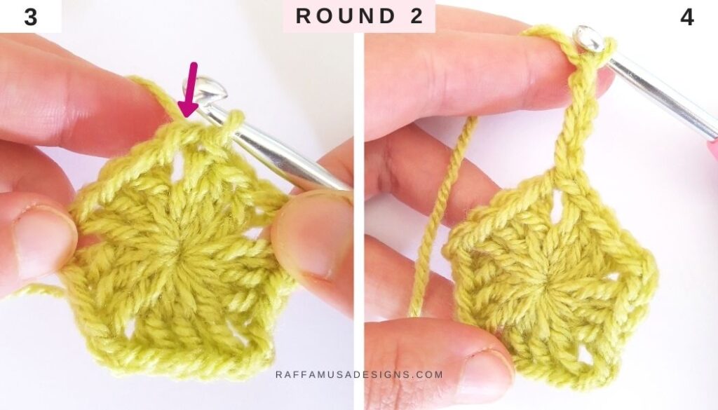 How to Crochet a Granny Pentagon - Round 2 a - Raffamusa Designs