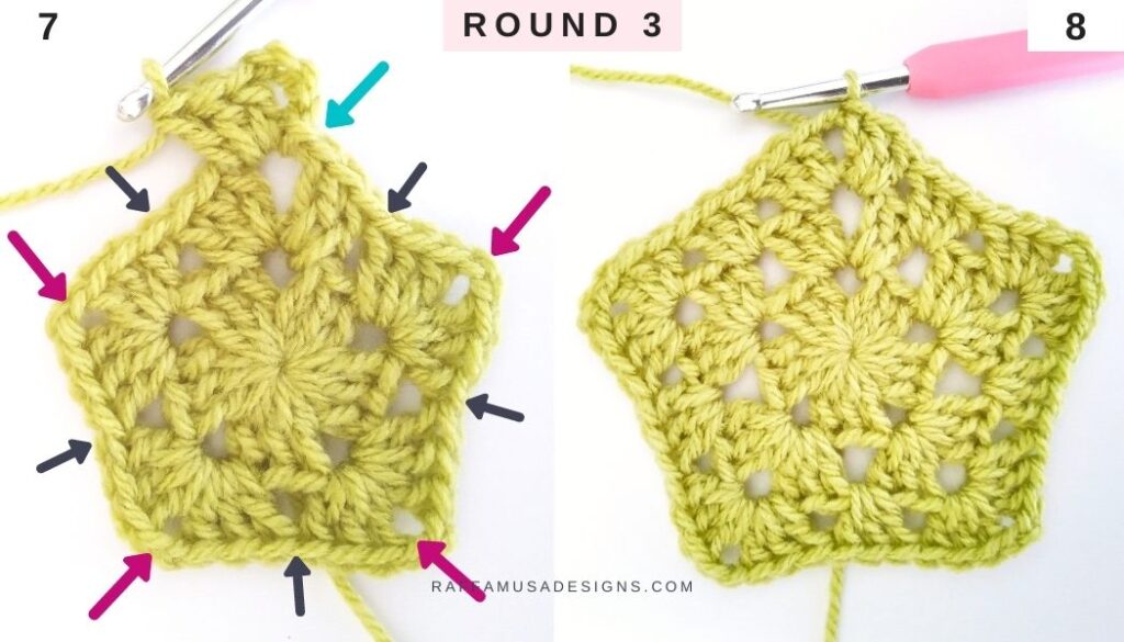 How to Crochet a Granny Pentagon - Round 3 - Raffamusa Designs