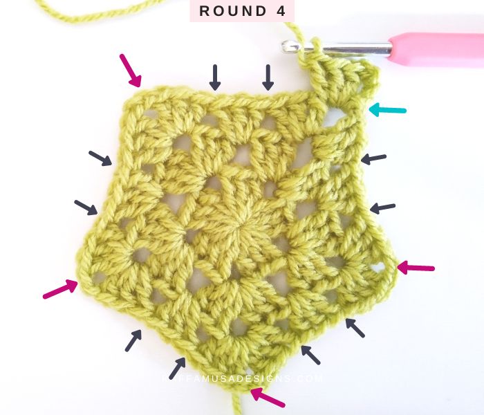 How to Crochet a Granny Pentagon - Round 4 - Raffamusa Designs