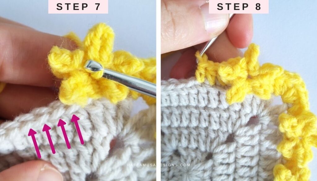 How to Crochet the Little Stars Border - Steps 7 and 8 - Raffamusa Designs