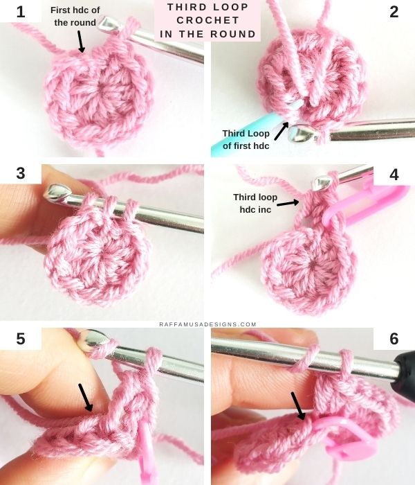 How to crochet in the third loop of half double crochet when working in the round - Raffamusa Designs