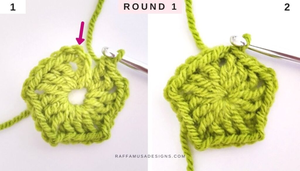 How to Double Crochet a Solid Pentagon - Round 1 - Raffamusa Designs