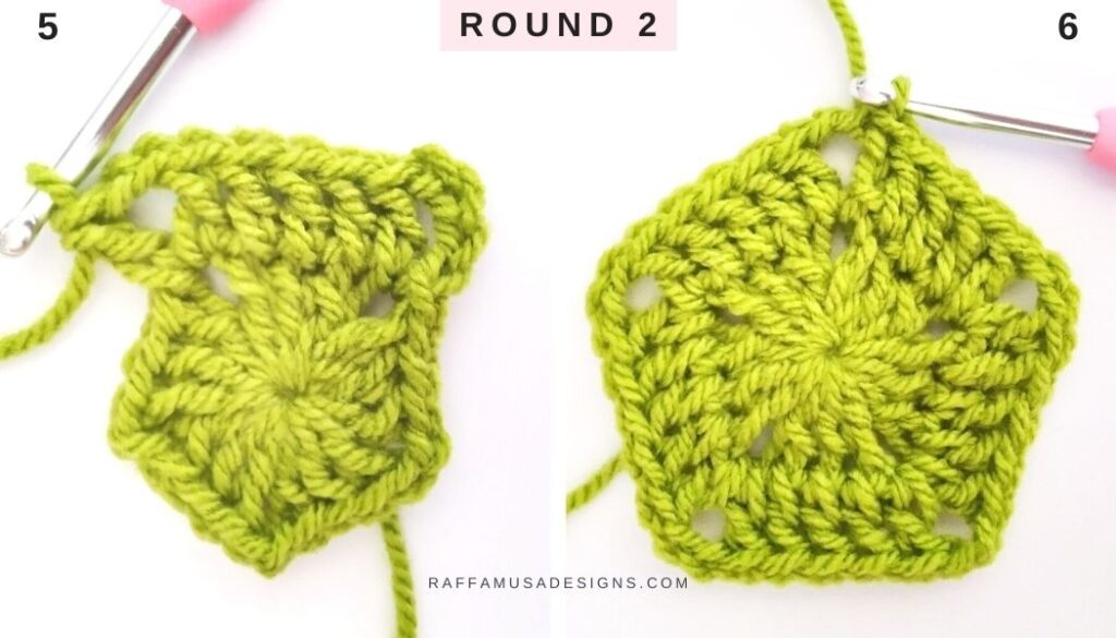 How to Double Crochet a Solid Pentagon - Round 2b - Raffamusa Designs