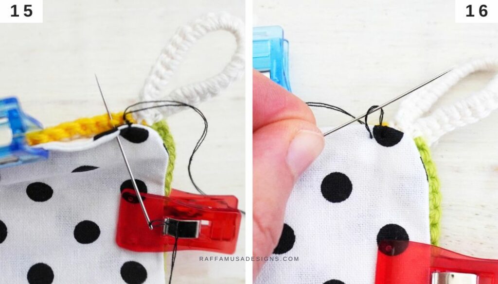 Hand-sew the fabric lining to your crochet potholder