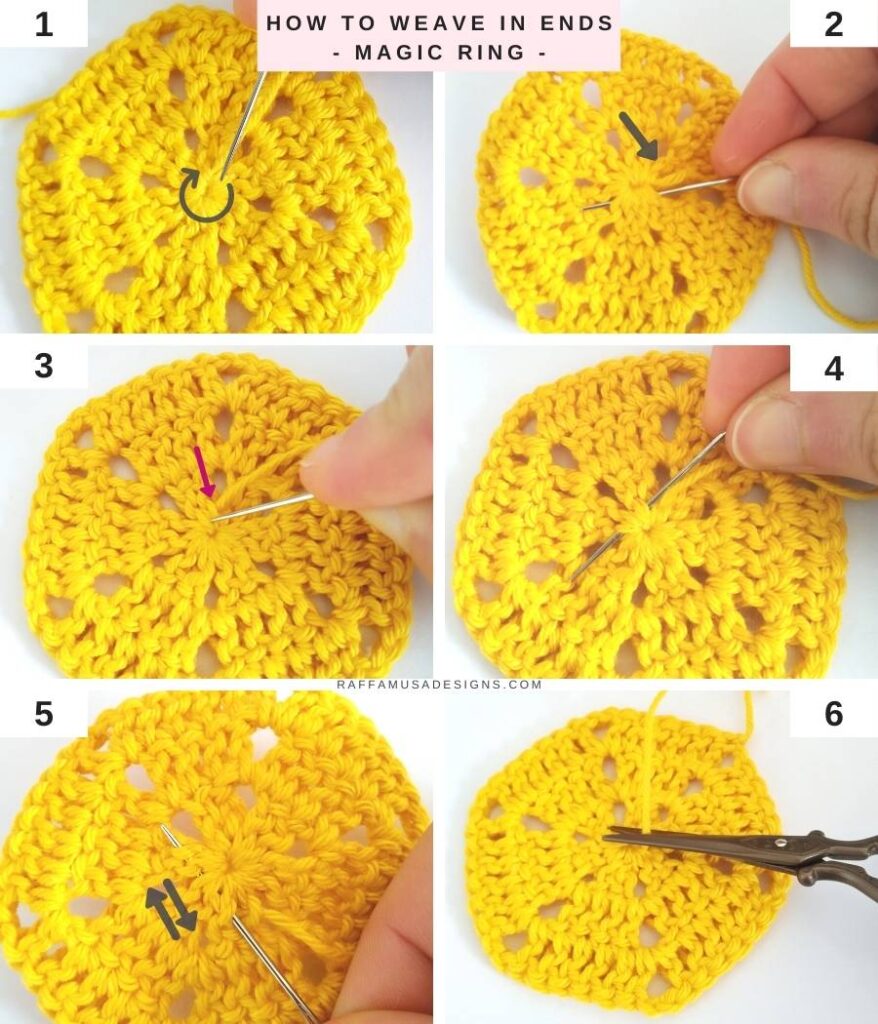 How to Weave in Ends in Crochet Magic Circle - Free Tutorial - Raffamusa Designs