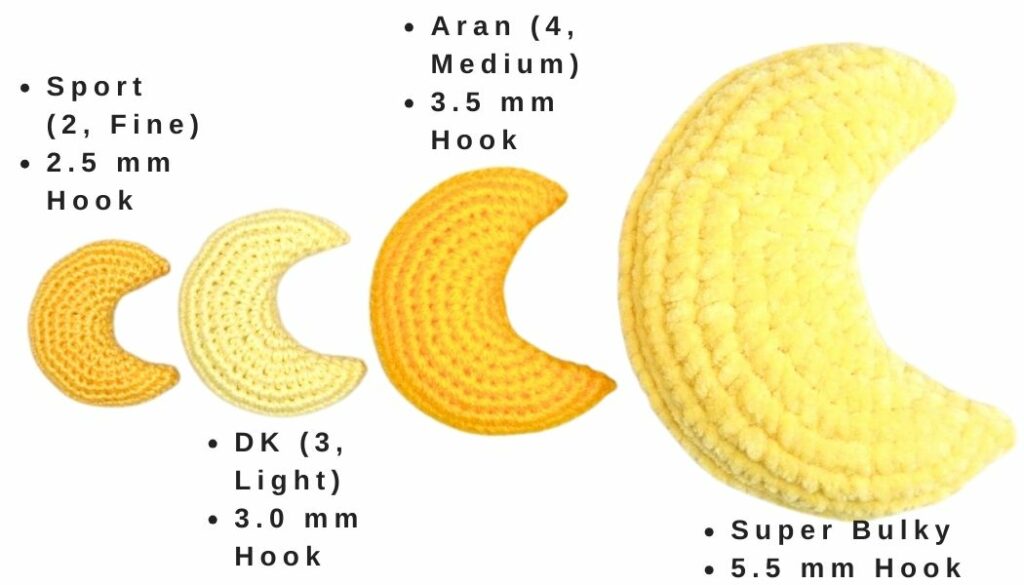 Crochet Moon Amigurumi - Size with different yarn/hook combinations - Raffamusa Designs