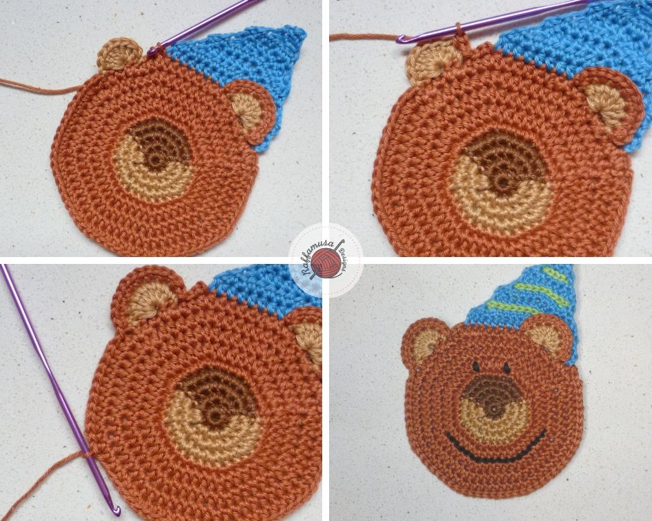 Finishing of the second ear of the Crochet Party Bear Coasters.
