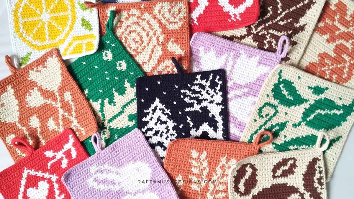 A Year of Tapestry Crochet Potholders - Free Patterns - Raffamusa Designs