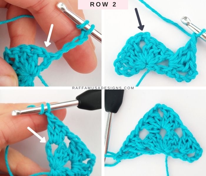 How to Crochet a Half Granny Square Triangle - Row 2 - Raffamusa Designs