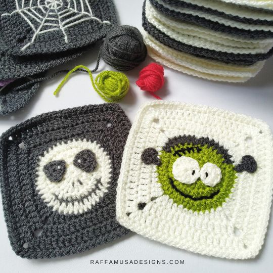 Crochet Skull and Frankenstein Granny Squares - Raffamusa Designs