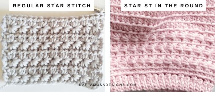 Comparison of the star stitch worked in rows vs the star stitch worked in the round - Raffamusa Designs