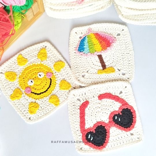 Sun, Beach Umbrella, and Sunglasses Granny Squares - Crochet Pattern - Raffamusa Designs