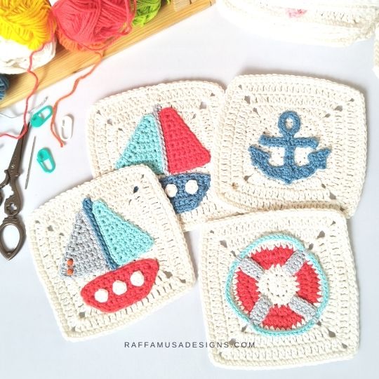 Boat, Lifebuoy, and Anchor Granny Squares - Crochet Pattern - Raffamusa Designs