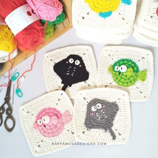 Blowfish and Manta Granny Squares - Crochet Pattern - Raffamusa Designs