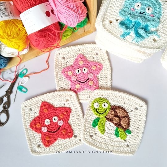 Sea Star and Sea Turtle Granny Squares - Crochet Pattern - Raffamusa Designs