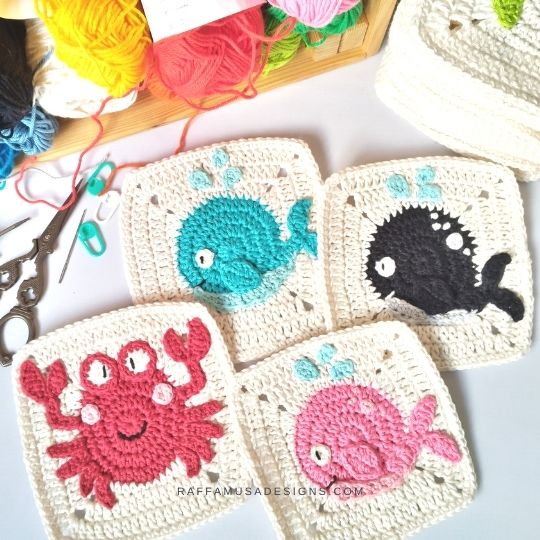 Crab and Whale Granny Squares - Crochet Pattern - Raffamusa Designs