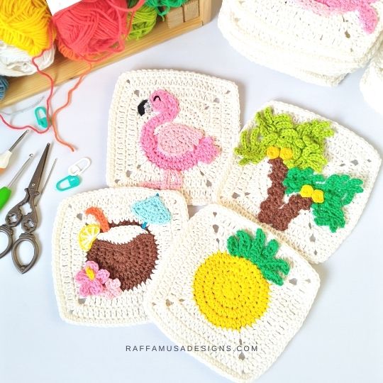Flamingo, Palm Tree, Pineapple, and Coconut Cocktail Granny Squares - Crochet Pattern - Raffamusa Designs