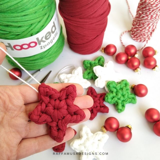 Crochet Star Ornaments made with Hoooked T-Shirt Yarn.