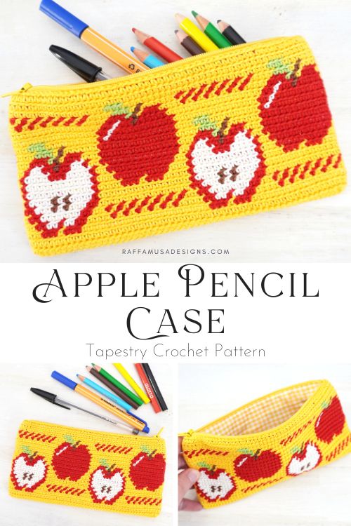 Tapestry Crochet Apple Pencil Case - Free Pattern and Lining Tutorial - Raffamusa Designs