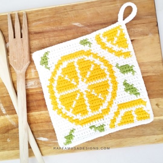Tapestry Crochet Lemon & Orange Potholder - Free Crochet Pattern - Raffamusa Designs