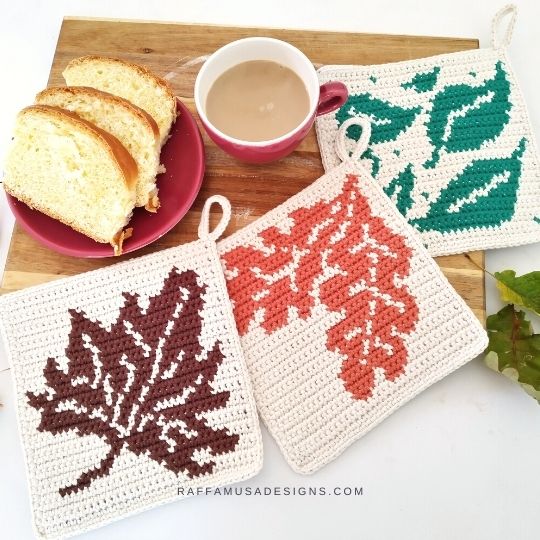 Acorn Leaves, Maple Leaf, and Swirling Leaves Potholders - Free Tapestry Crochet Patterns - Raffamusa Designs