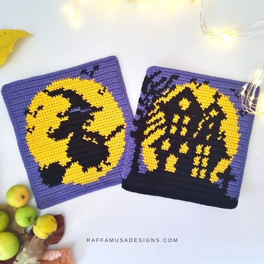 Tapestry Crochet Flying Witch and Haunted House - Raffamusa Designs