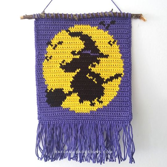Tapestry Crochet Flying Witch Wall Hanging - Raffamusa Designs