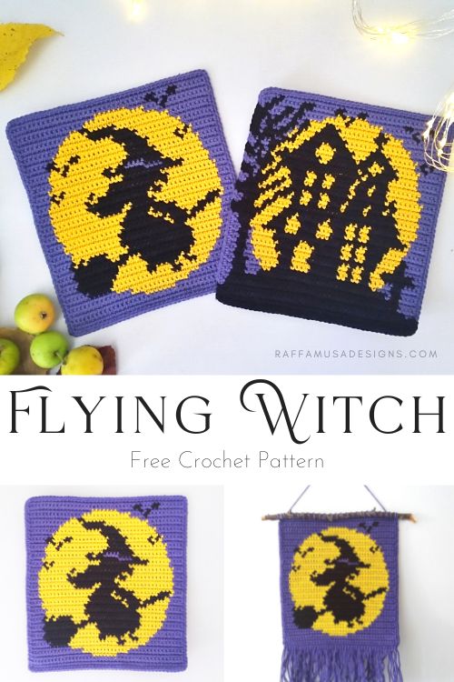 Flying Witch and Haunted House - Free Tapestry Crochet Patterns - Raffamusa Designs