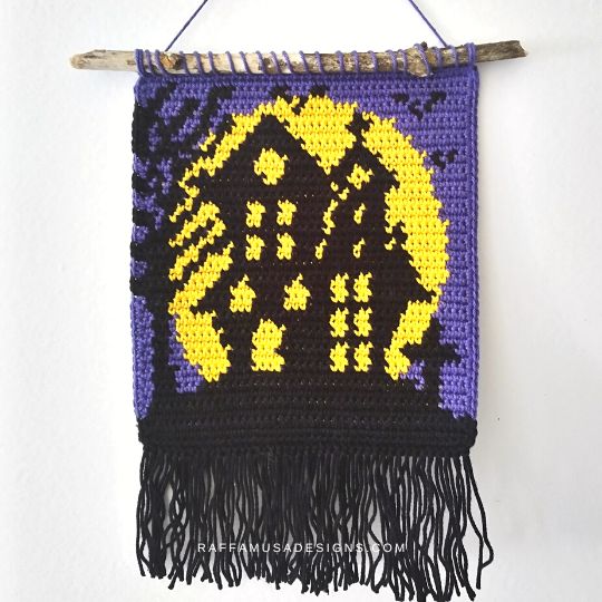 Tapestry Crochet Haunted House Wall Hanging - Raffamusa Designs