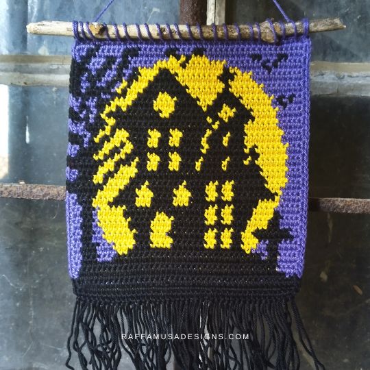 Halloween Haunted House Wall Hanging - Free Tapestry Crochet Pattern - Raffamusa Designs