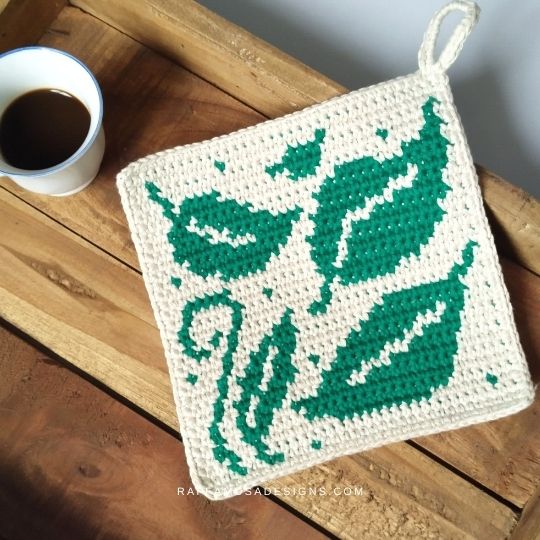 Tapestry Crochet Swirling Leaves Potholder - Raffamusa Designs