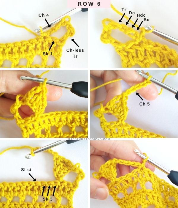 Triangles and Cones Crochet Lace Stitch Tutorial - Row 6 - Raffamusa Designs