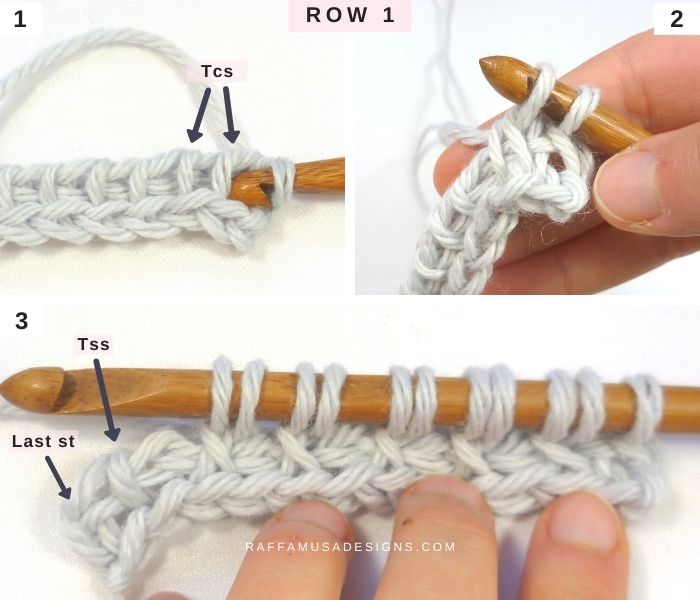Tunisian crochet Diagonal Lattice Stitch - Free Tutorial - Row 1 - Raffamusa Designs