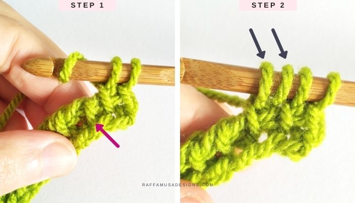 Tunisian Crochet Puff Stitch Tutorial - Steps 1 and 2 - Raffamusa Designs