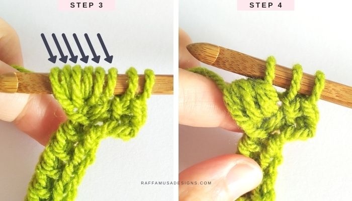Tunisian Crochet Puff Stitch Tutorial - Steps 3 and 4 - Raffamusa Designs