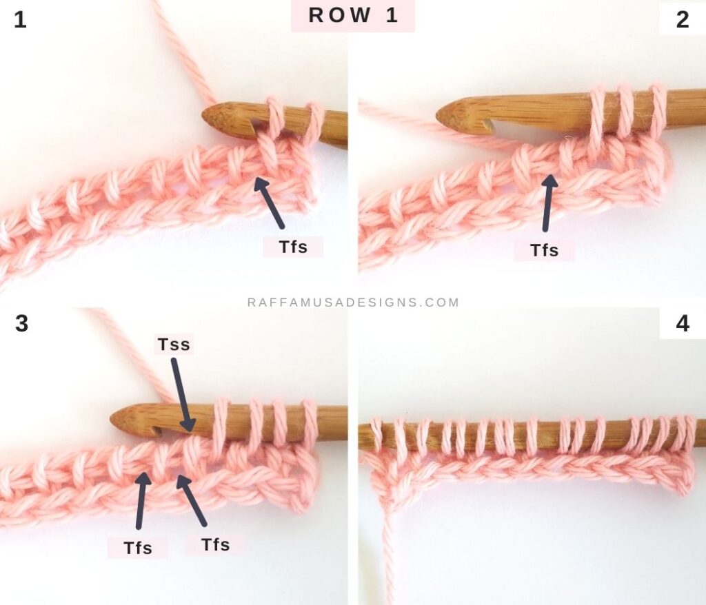 How to crochet the Tunisian Ribbed Saloniki Stitch - Row 1 - Raffamusa Designs