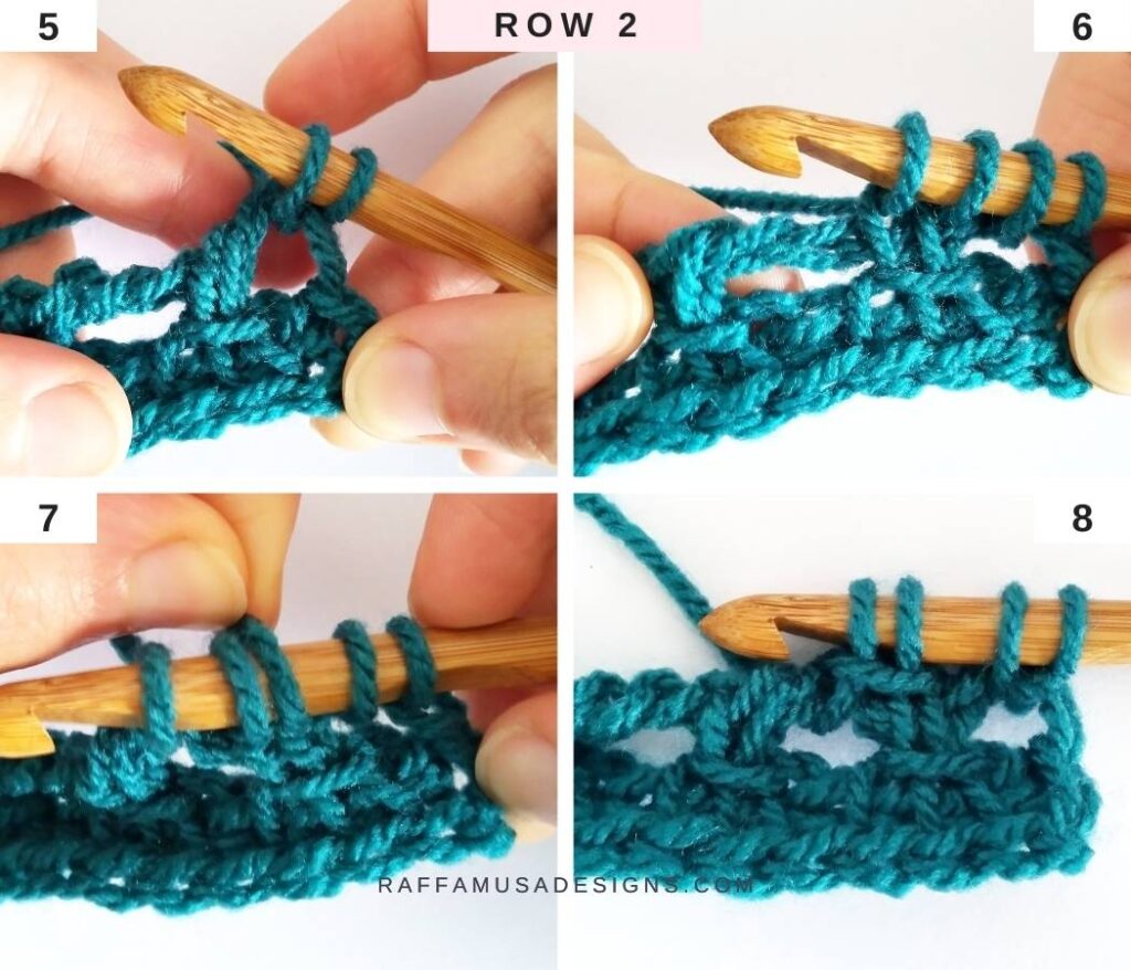 How to Crochet the Tunisian Trellis Stitch - Free Tutorial - Row 2 - Raffamusa Designs