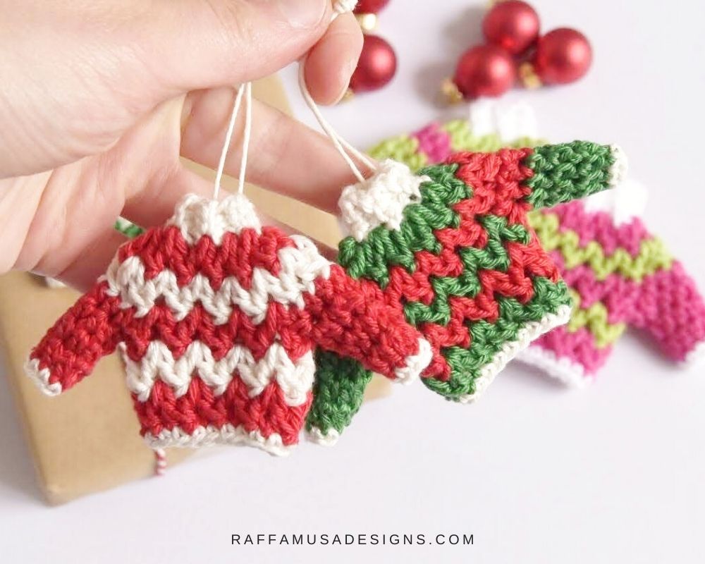 Ugly Christmas Sweater Crochet Ornament - Free Pattern by Raffamusa Designs